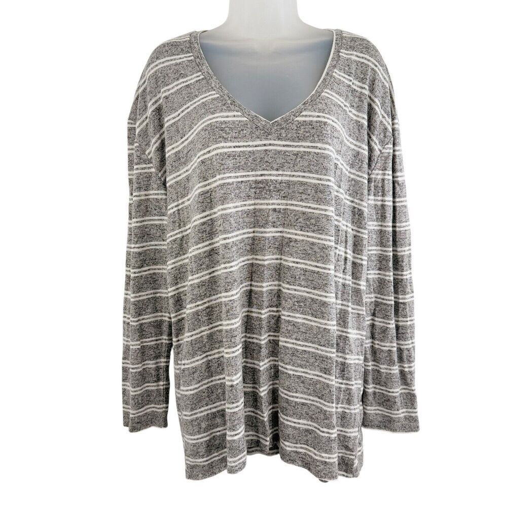 Nordstrom BP Womens Sweater Large Gray White Striped Deep V-Neck Lightweight